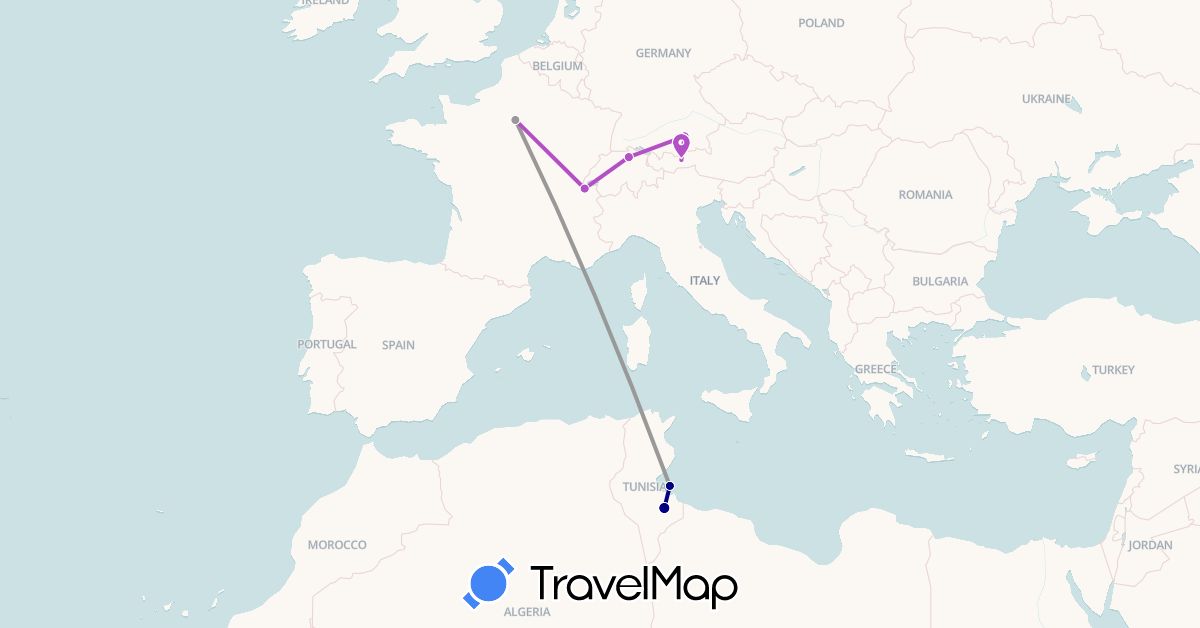 TravelMap itinerary: driving, plane, train in Austria, Switzerland, Germany, France, Tunisia (Africa, Europe)